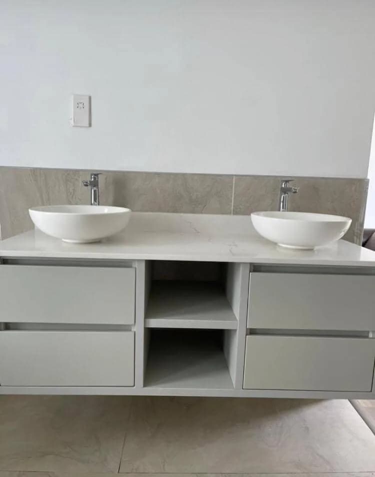 Double bathroom vanity with drawers, open shelf and vessel basins
