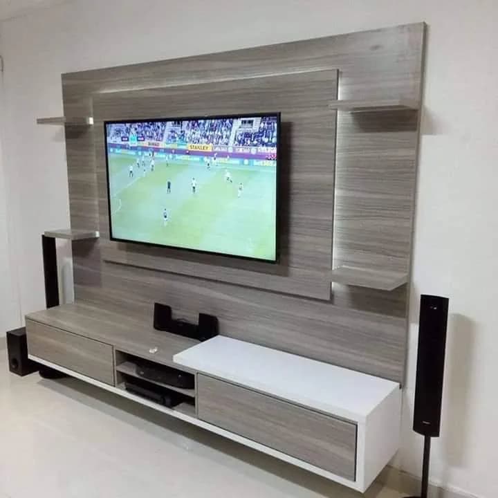 Woodgrain TV wall panel with floating shelves, LED lighting and a media unit